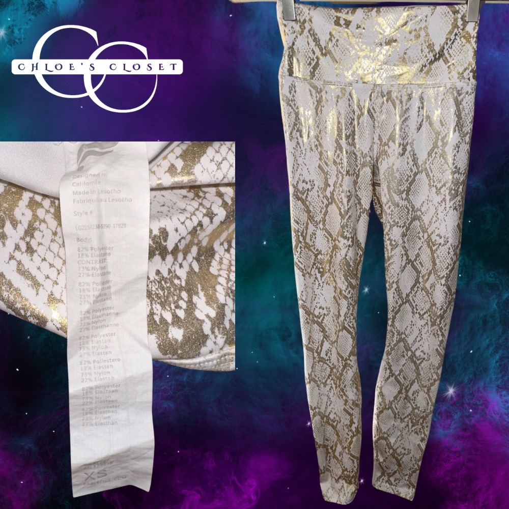 Fabletics White Leggings with Gold Snakeskin Print
